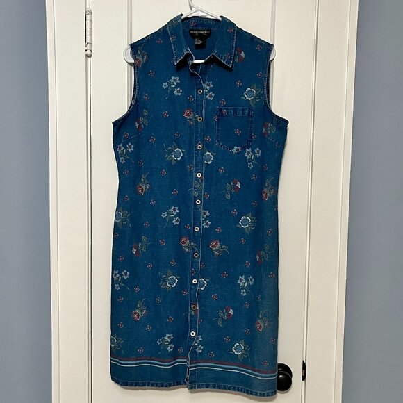 Requirements VTG linen cotton denim shirt dress size large floral patriotic - Picture 1 of 9